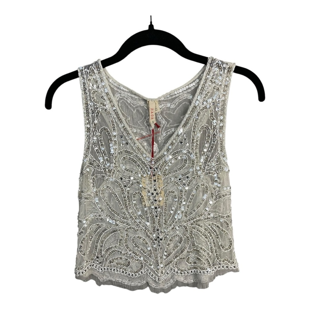 RAGA Sequin Mesh Overlay V-Neck Sleeveless Top in White and Silver Size S NWT